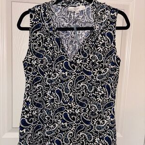 LOFT Paisley Sleeveless Blouse in Black, White, and Blue